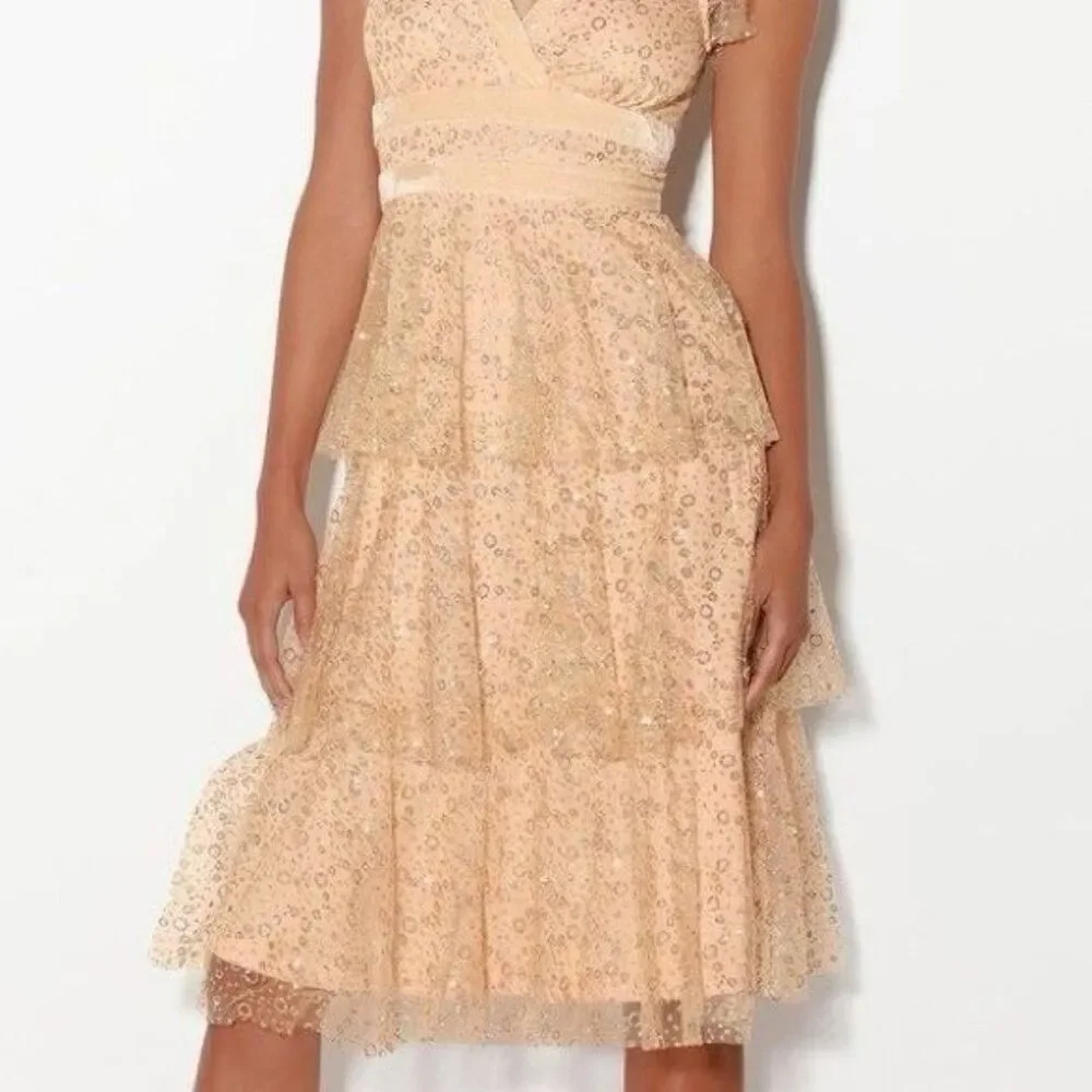 Lulus Stunning Love Nude and Gold Glitter Tiered Midi Dress Size Small